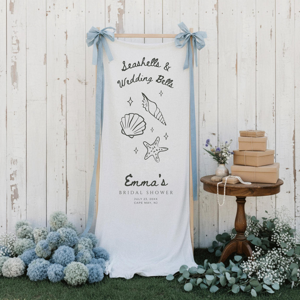 Coastal Linen Bridal Shower Banner, Custom Seashells and Wedding Bells Wedding Welcome Sign, Rustic Beach Bachelorette Party Fabric Decor