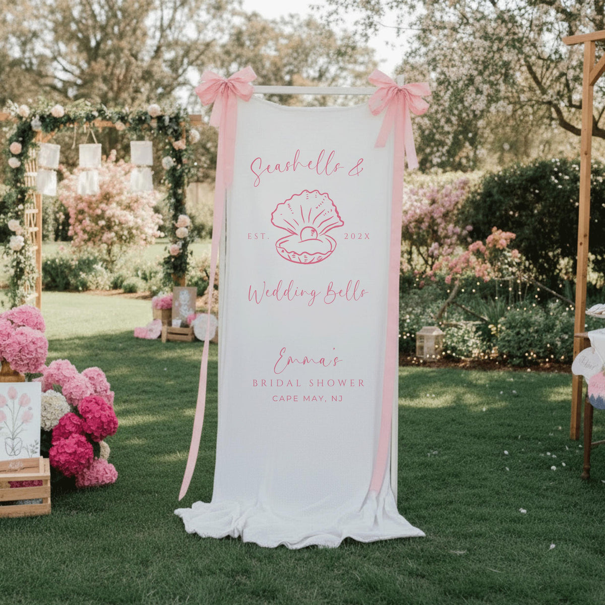 Coastal Linen Bridal Shower Banner, Custom Seashells and Wedding Bells Wedding Welcome Sign, Rustic Beach Bachelorette Party Fabric Decor
