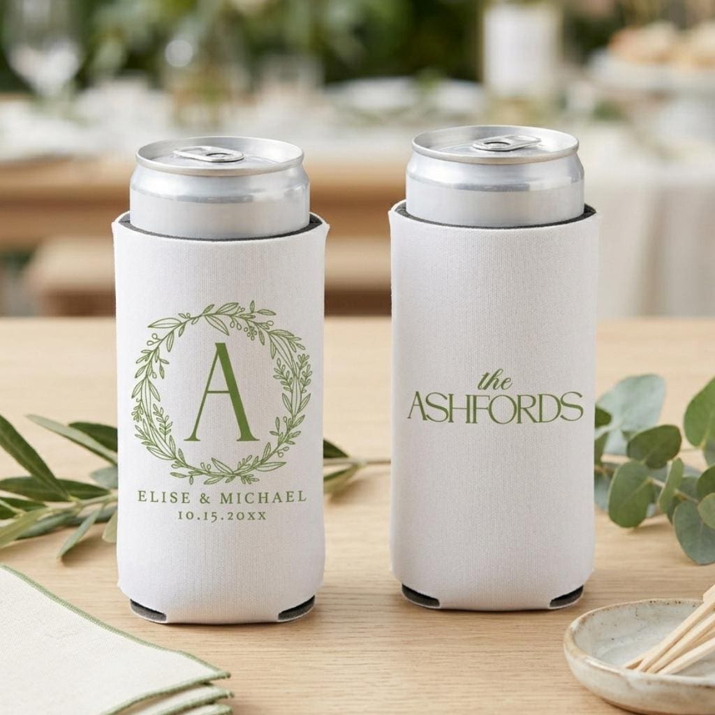 Personalized Slim Can Coolers for Weddings and Bachelorette Parties Custom Skinny Can Drink Sleeves Bulk Modern Party Favors