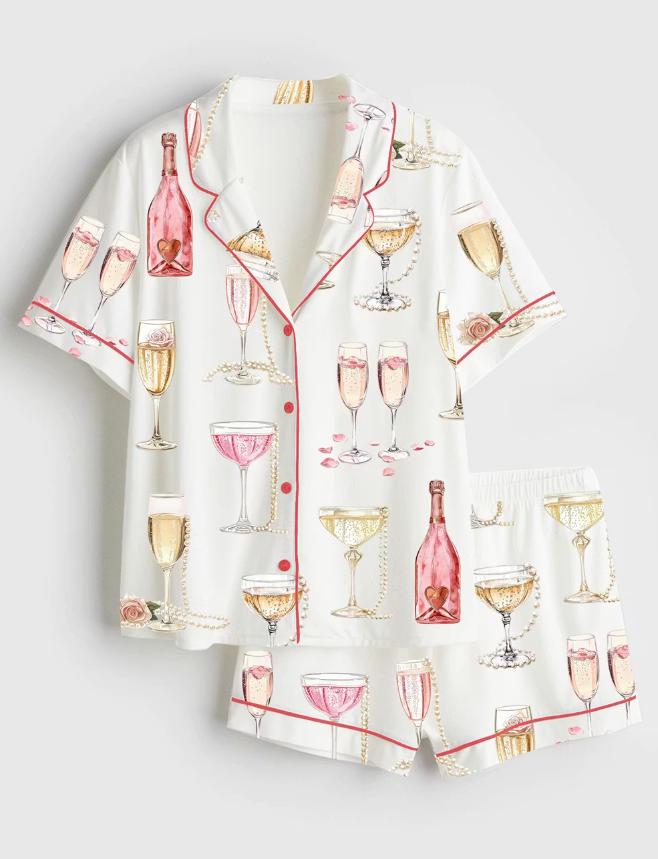 Women's Pajama Set – Champagne & Pearls Print Sleepwear – Bridal Shower Gift, Girls' Night In