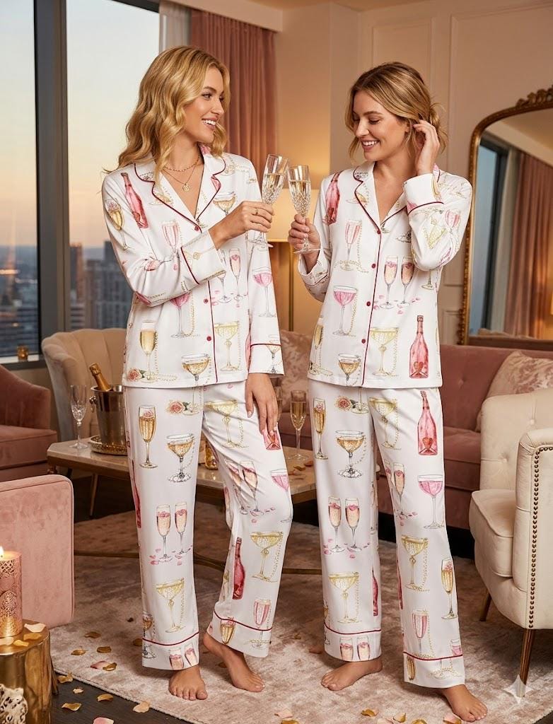Women's Pajama Set – Champagne & Pearls Print Sleepwear – Bridal Shower Gift, Girls' Night In