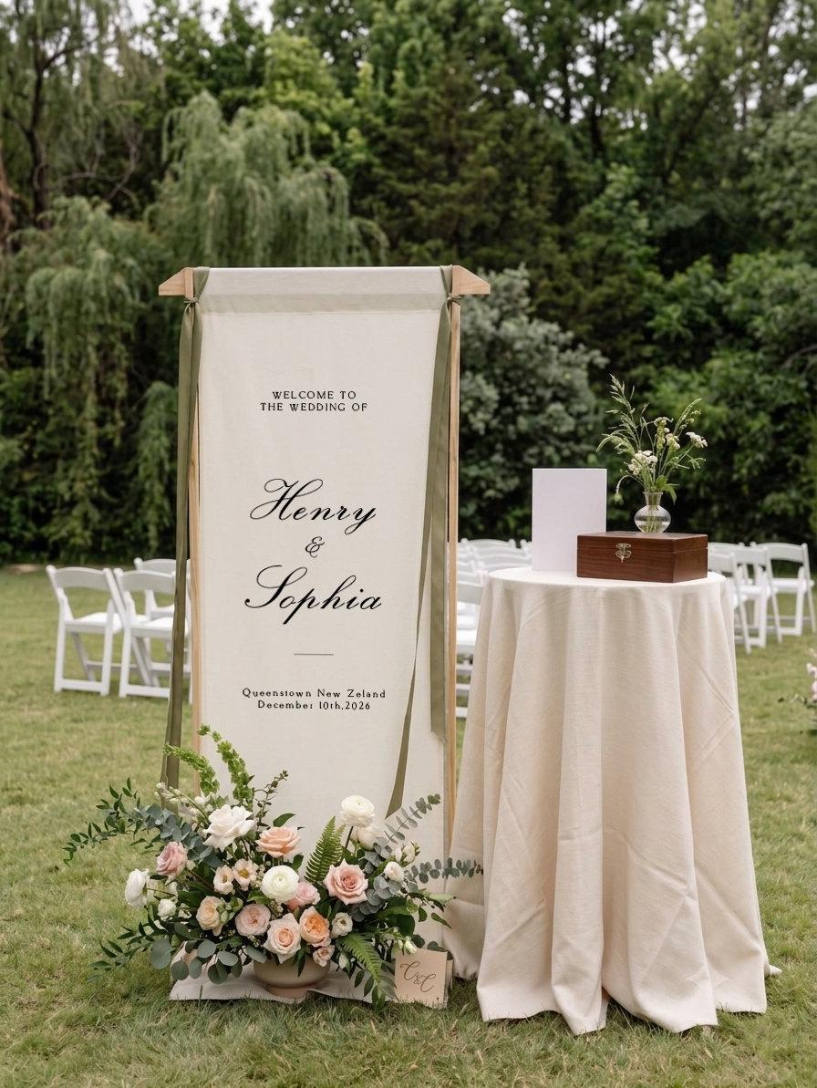 Personalized Linen Wedding Welcome Sign, Custom Fabric Banner, Modern Engagement Party Decor