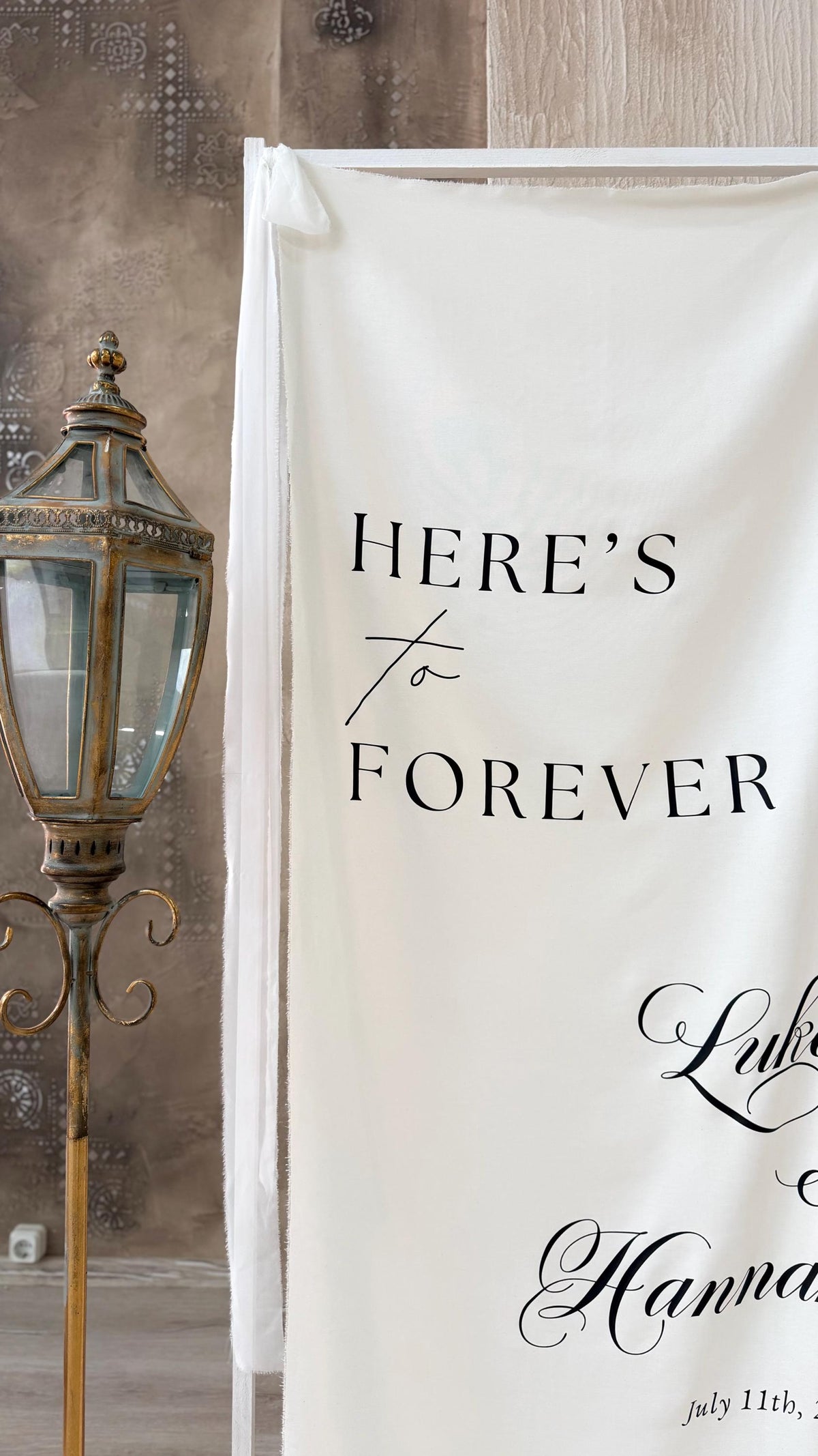 Personalized Fabric Banner, Custom Linen Wedding Welcome Sign, Personlized Here's to Forever Sign