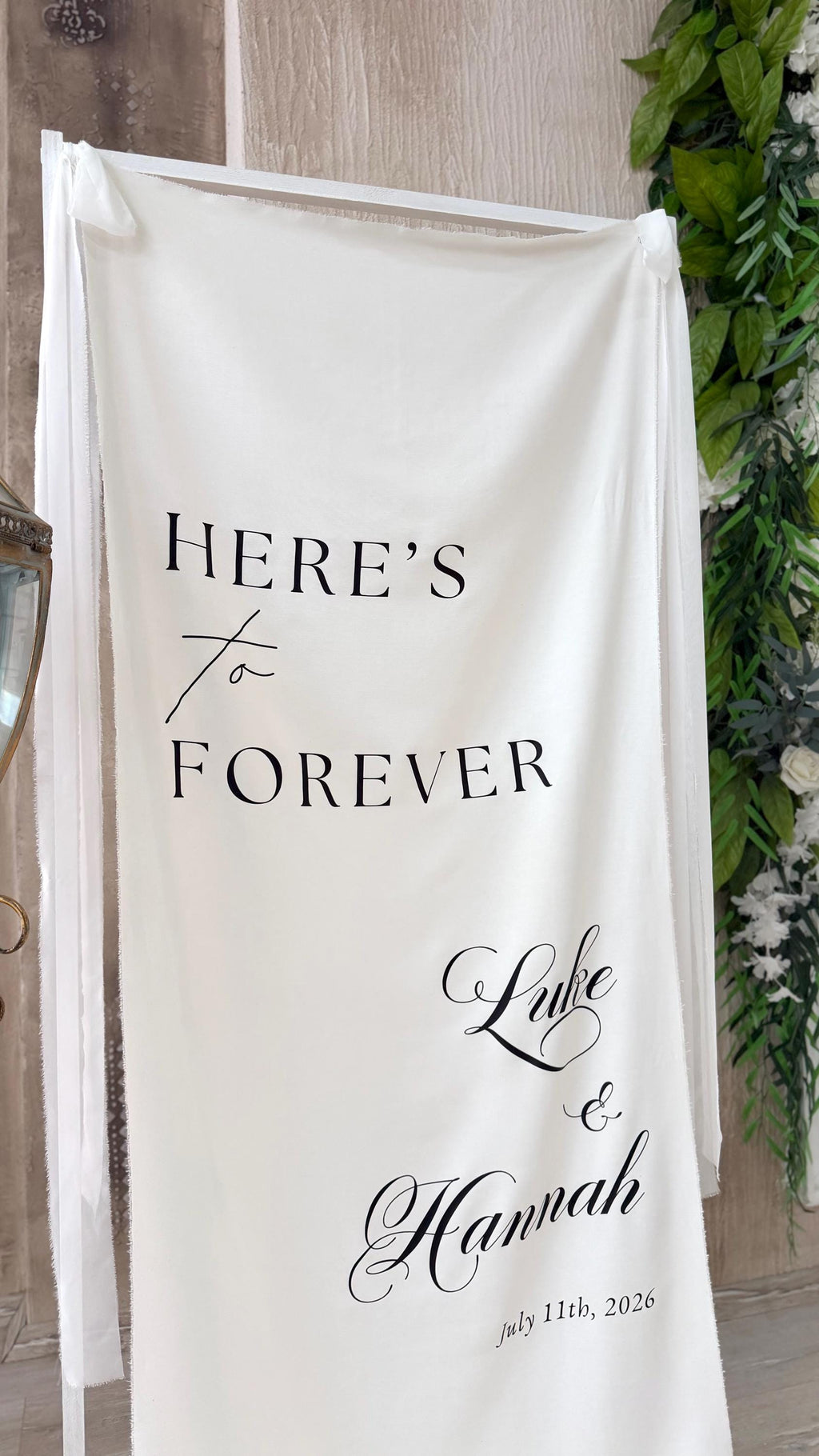 Personalized Fabric Banner, Custom Linen Wedding Welcome Sign, Personlized Here's to Forever Sign