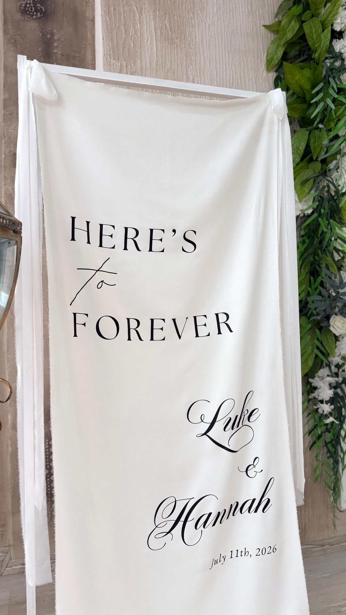 Personalized Fabric Banner, Custom Linen Wedding Welcome Sign, Personlized Here's to Forever Sign