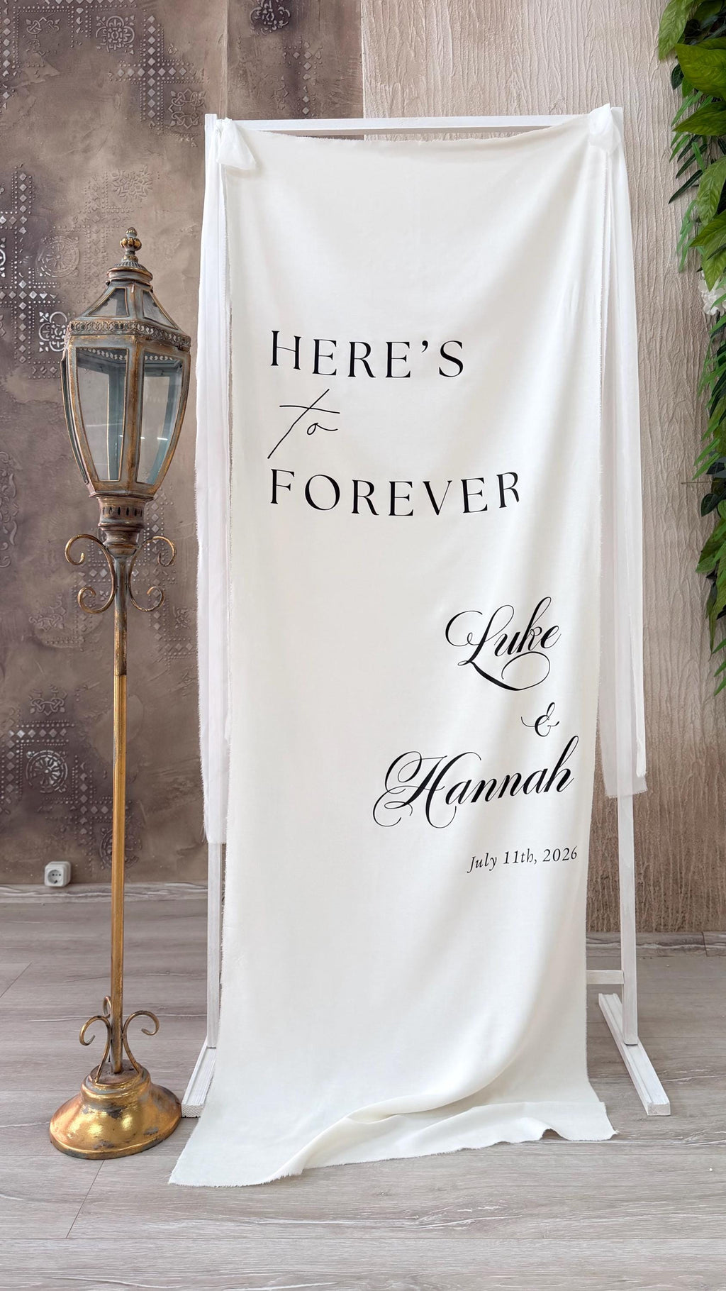 Personalized Fabric Banner, Custom Linen Wedding Welcome Sign, Personlized Here's to Forever Sign