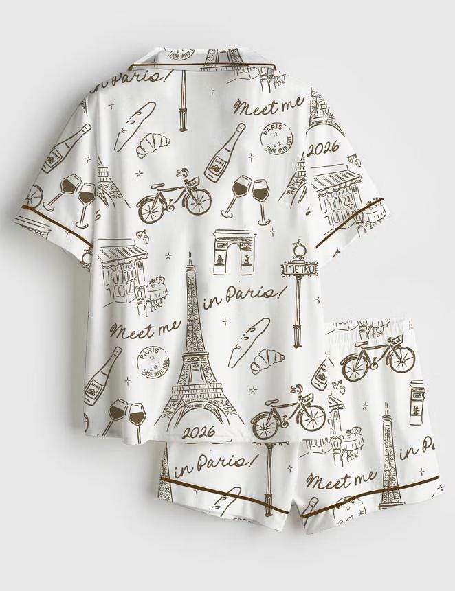 Paris Pajama Set – French Pattern Sleepwear, Eiffel Tower – Honeymoon Gift, Girls Trip & Birthday Gift