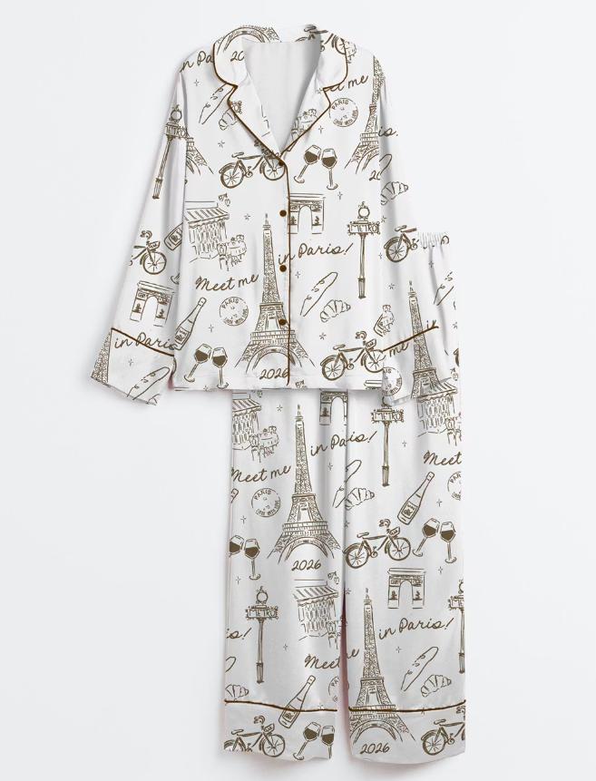 Paris Pajama Set – French Pattern Sleepwear, Eiffel Tower – Honeymoon Gift, Girls Trip & Birthday Gift