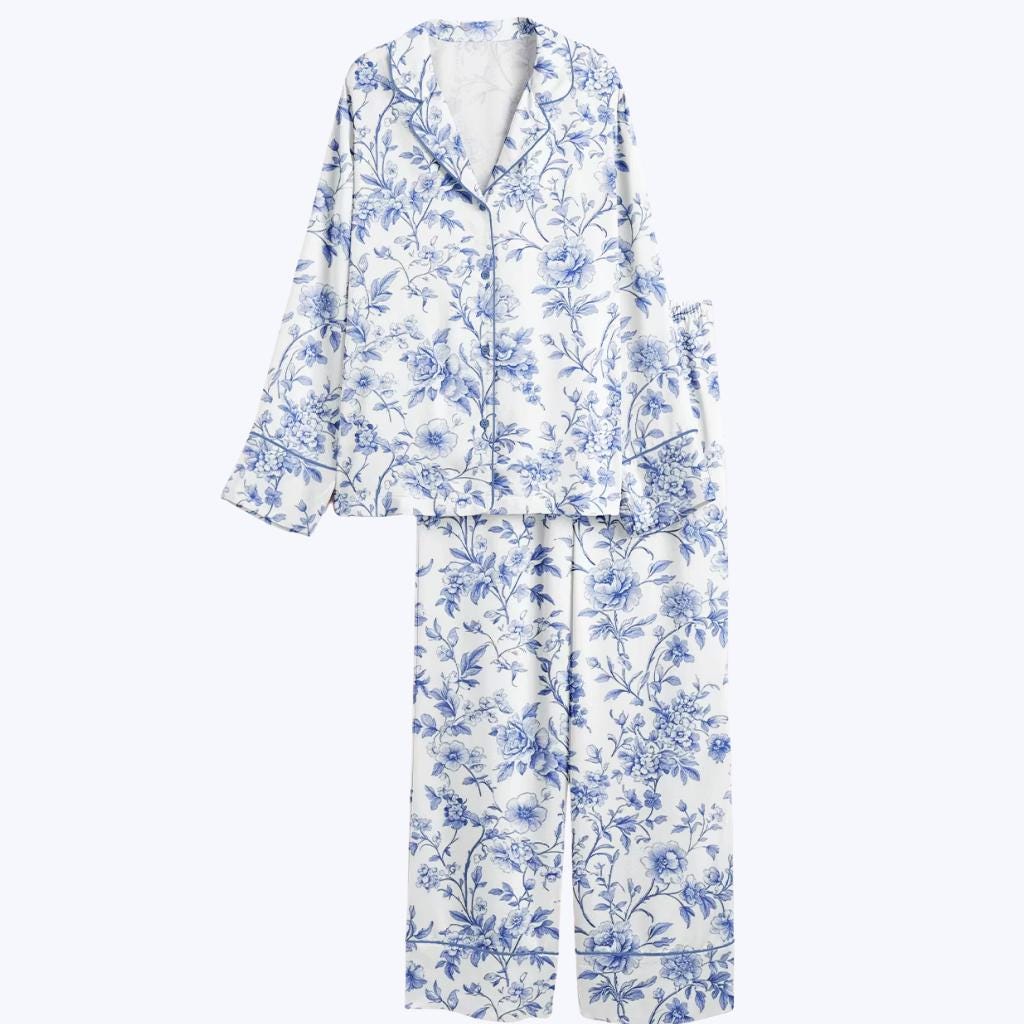 Blue Floral Pajama Set – Botanical Print Sleepwear – Bridal Shower Gift for Bridesmaid