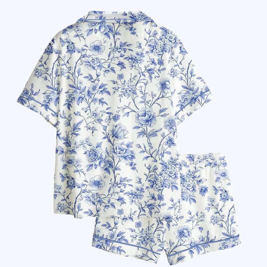Blue Floral Pajama Set – Botanical Print Sleepwear – Bridal Shower Gift for Bridesmaid