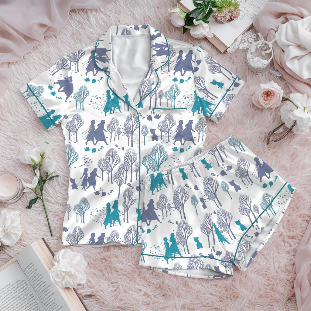 Frozen Elsa and Anna Pajama Set, Magical Forest Princess Sleepwear, Olaf Silhouette Lounge Set, Winter Wonderland Button Down Pjs for Her