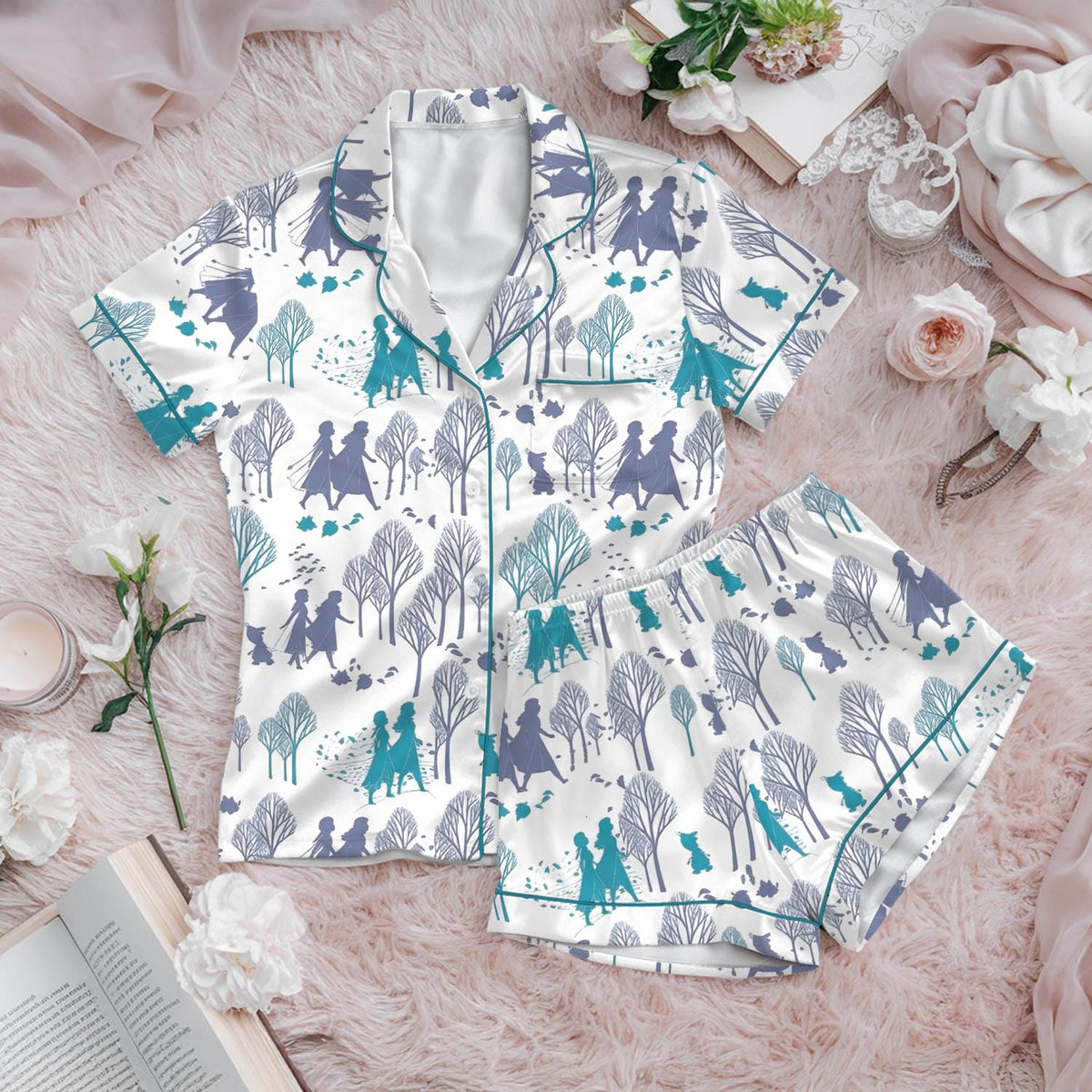 Frozen Elsa and Anna Pajama Set, Magical Forest Princess Sleepwear, Olaf Silhouette Lounge Set, Winter Wonderland Button Down Pjs for Her