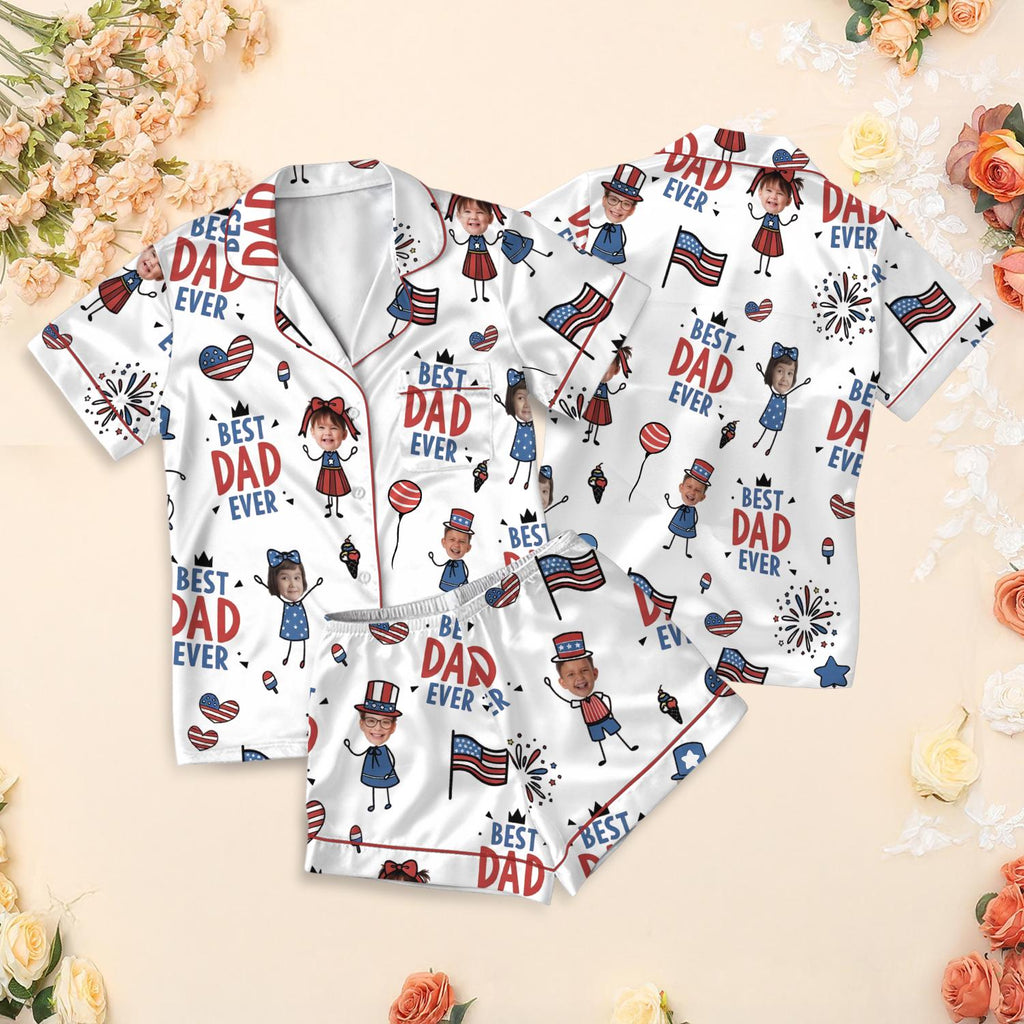 Custom Face Best Dad Ever Pajamas, Personalized Father's Day Gift, Patriotic 4th of July Sleepwear, USA Flag Matching Family Pajama Set