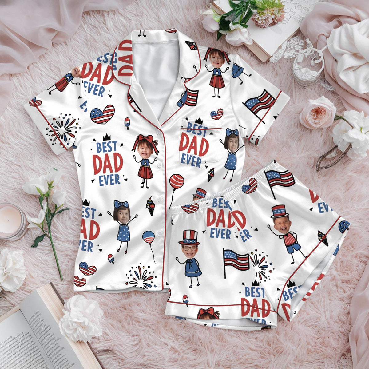 Custom Face Best Dad Ever Pajamas, Personalized Father's Day Gift, Patriotic 4th of July Sleepwear, USA Flag Matching Family Pajama Set