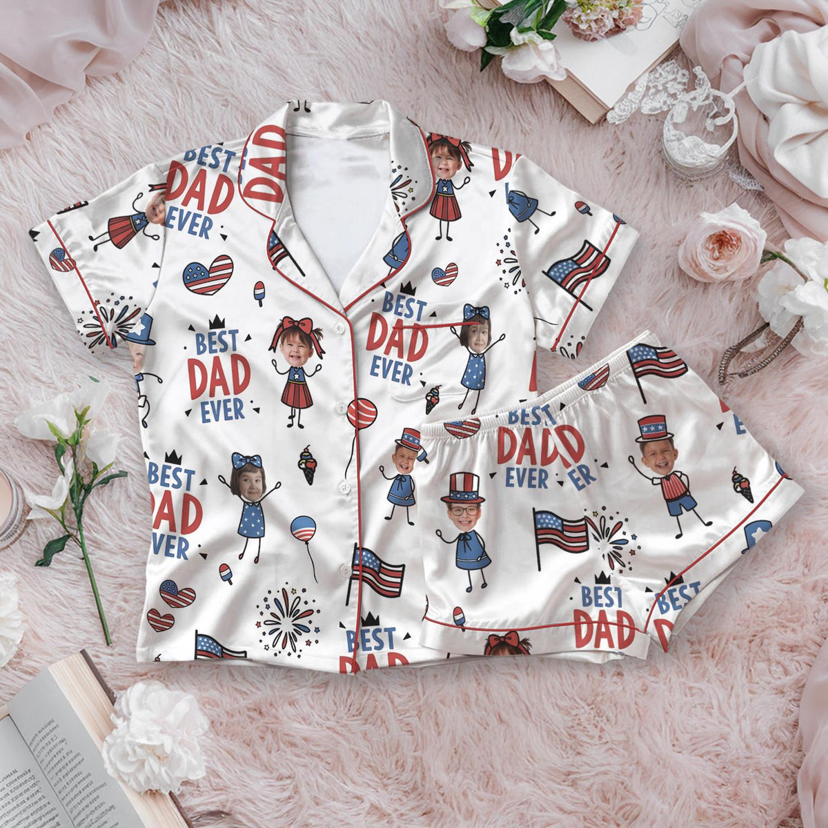 Custom Face Best Dad Ever Pajamas, Personalized Father's Day Gift, Patriotic 4th of July Sleepwear, USA Flag Matching Family Pajama Set