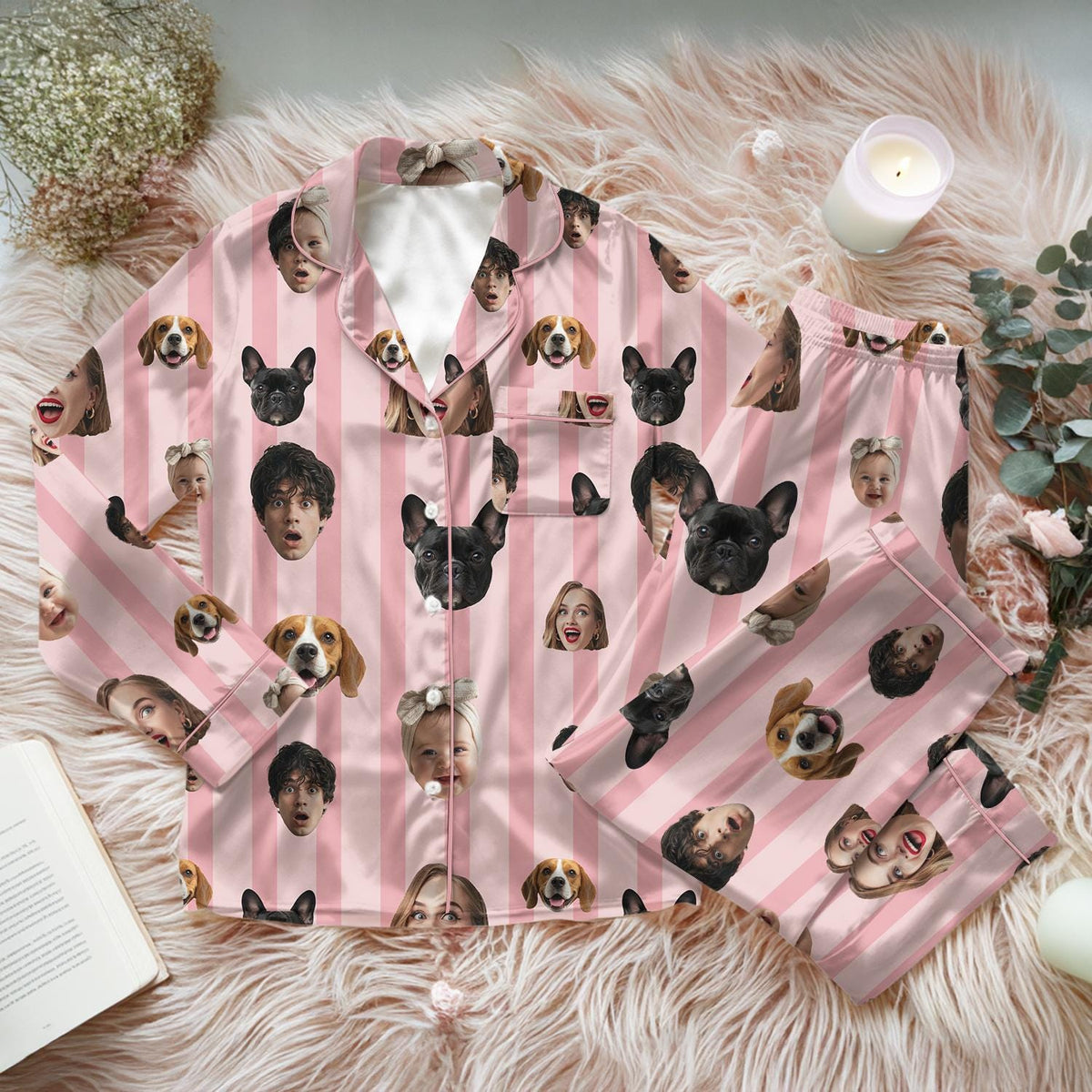 Custom Face and Pet Pajama Set, Personalized Family Photo Sleepwear, Custom Dog Cat Face Short Pjs, Unique Birthday Gift for Mom or Wife