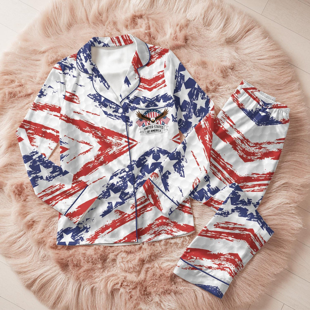 Patriotic USA Flag Pajama Set, 4th of July American Eagle Sleepwear, United States of America Lounge Set, Independence Day Summer Pjs