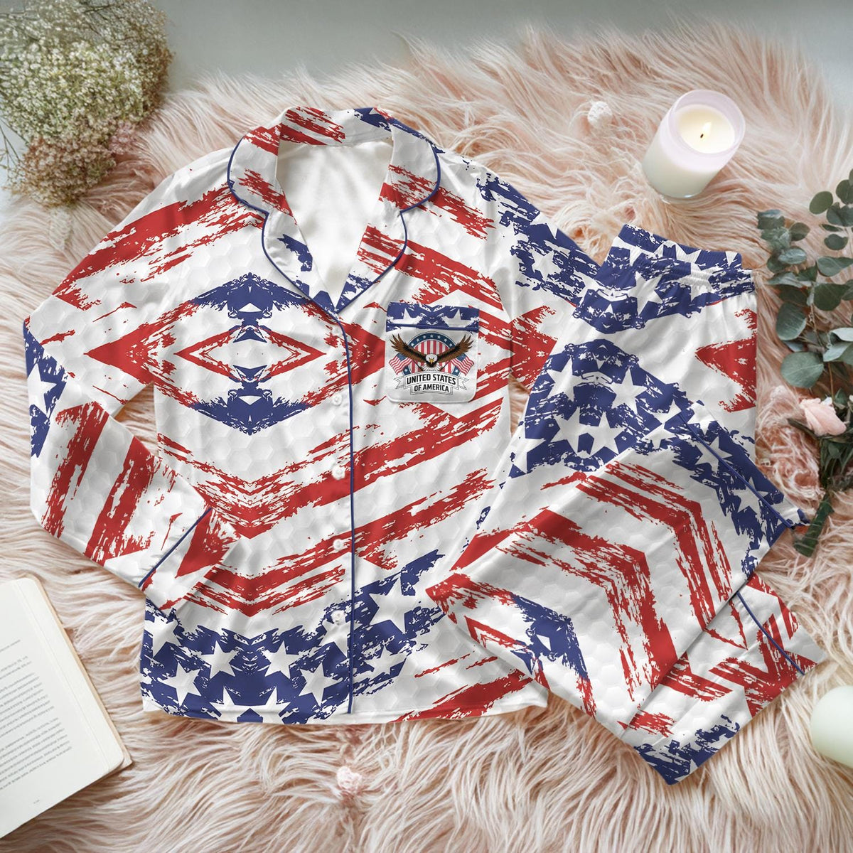 Patriotic USA Flag Pajama Set, 4th of July American Eagle Sleepwear, United States of America Lounge Set, Independence Day Summer Pjs