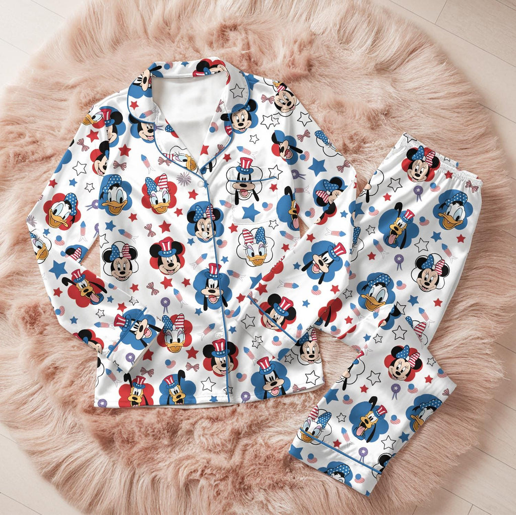 Patriotic Disney Mickey and Friends Pajama Set, 4th of July Stars and Stripes Sleepwear, Donald Daisy Goofy USA Flag Lounge Set for Her