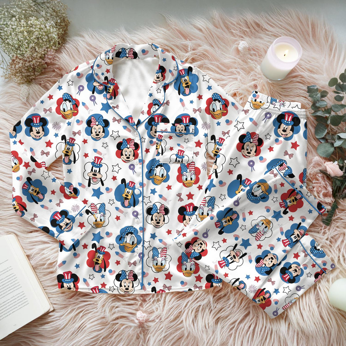 Patriotic Disney Mickey and Friends Pajama Set, 4th of July Stars and Stripes Sleepwear, Donald Daisy Goofy USA Flag Lounge Set for Her