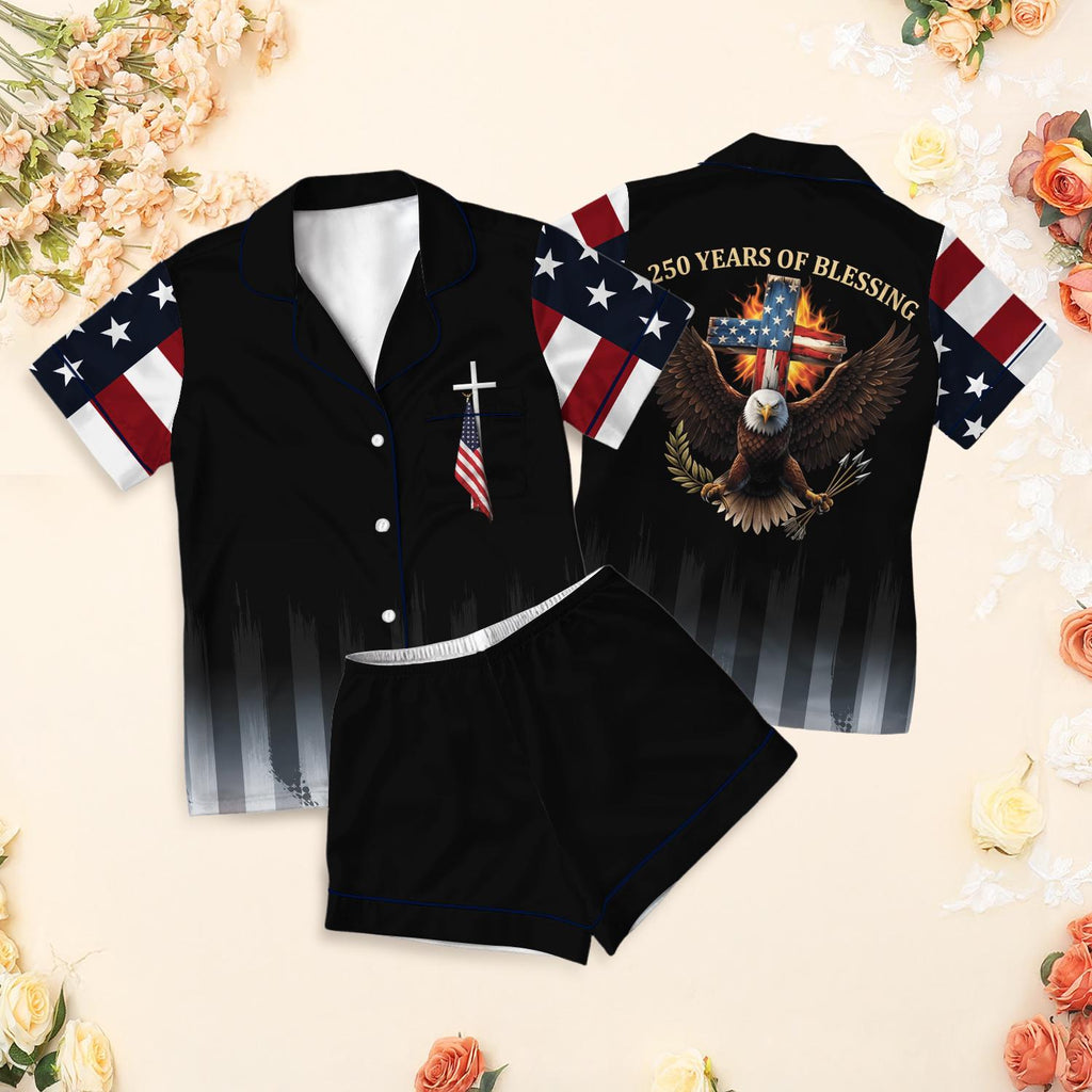 Christian Patriotic USA Flag Pajama Set, Cross and American Flag Sleepwear, Faith Based Independence Day Lounge Set, Black Summer Short Pjs