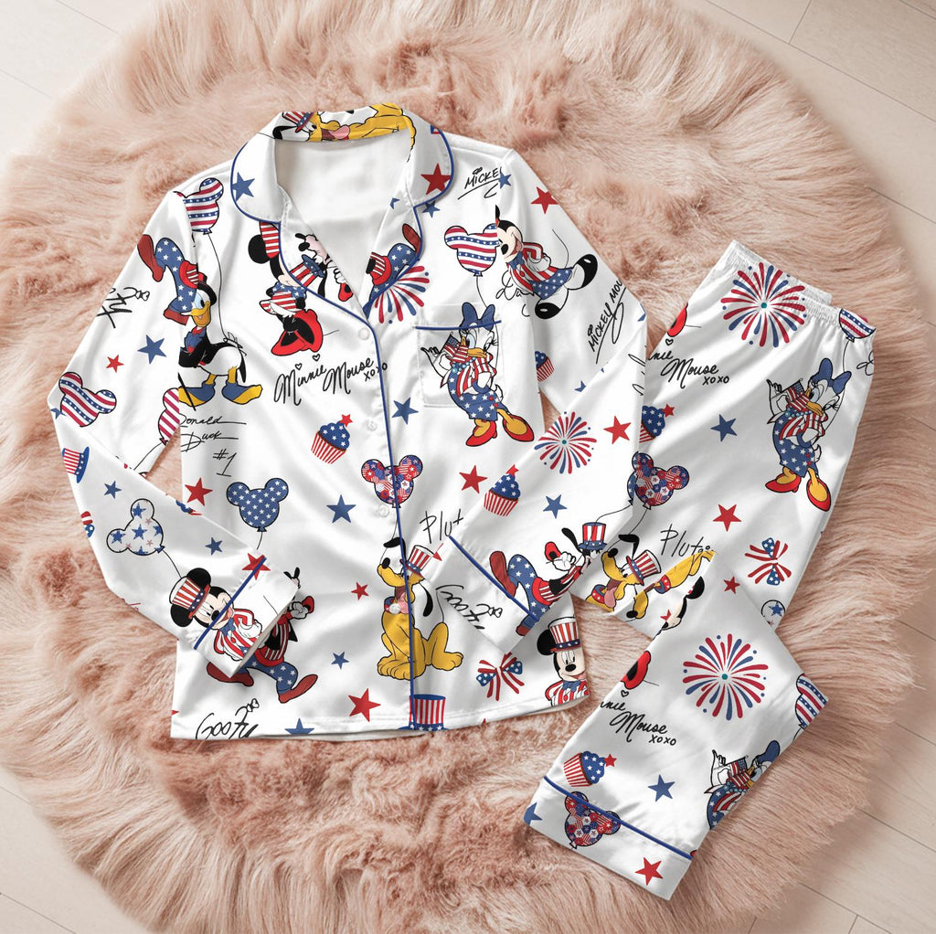 Patriotic Disney Mickey Minnie Pajama Set, 4th of July Fireworks Sleepwear, American Flag Donald Goofy Lounge Set, USA Summer Short Pjs