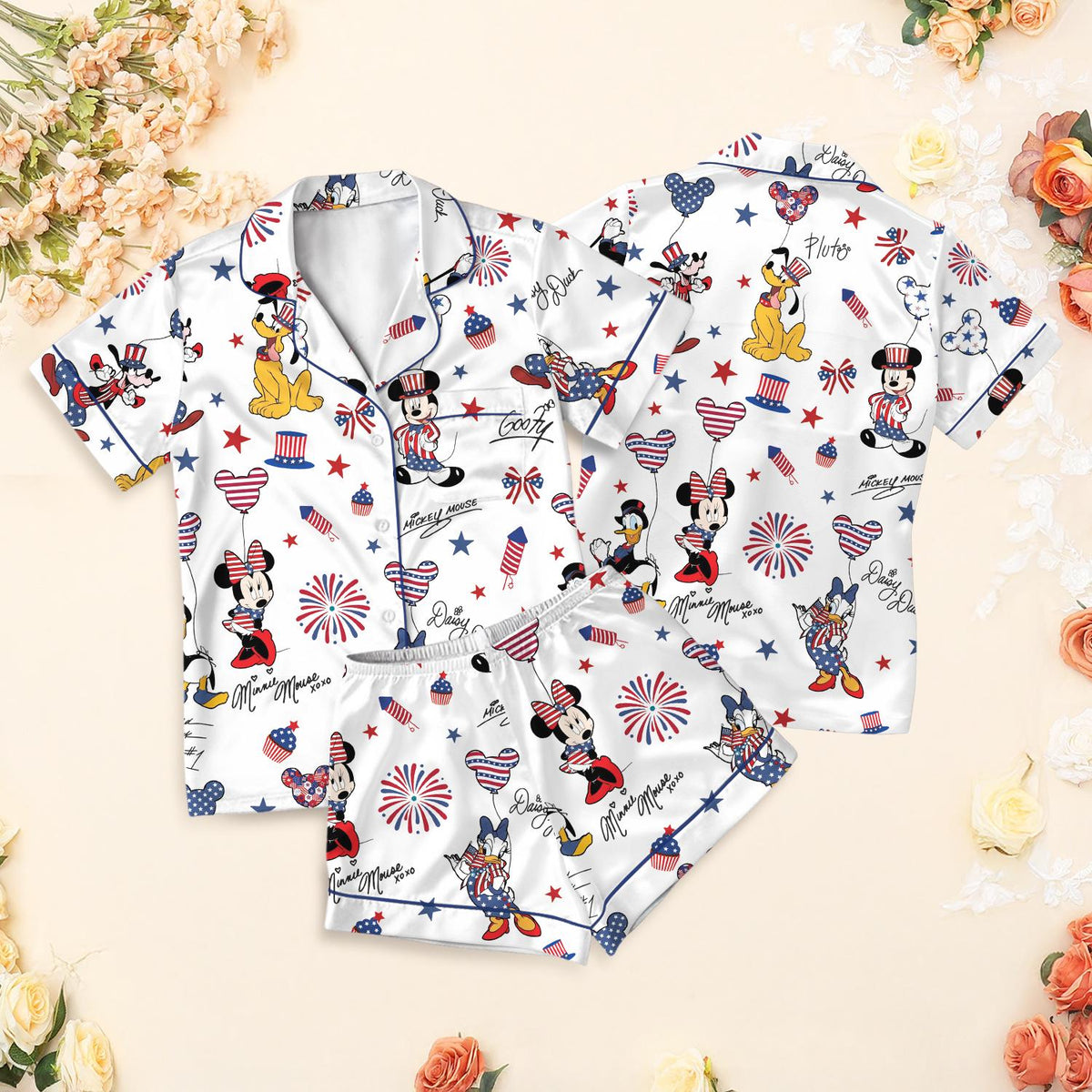 Patriotic Disney Mickey Minnie Pajama Set, 4th of July Fireworks Sleepwear, American Flag Donald Goofy Lounge Set, USA Summer Short Pjs