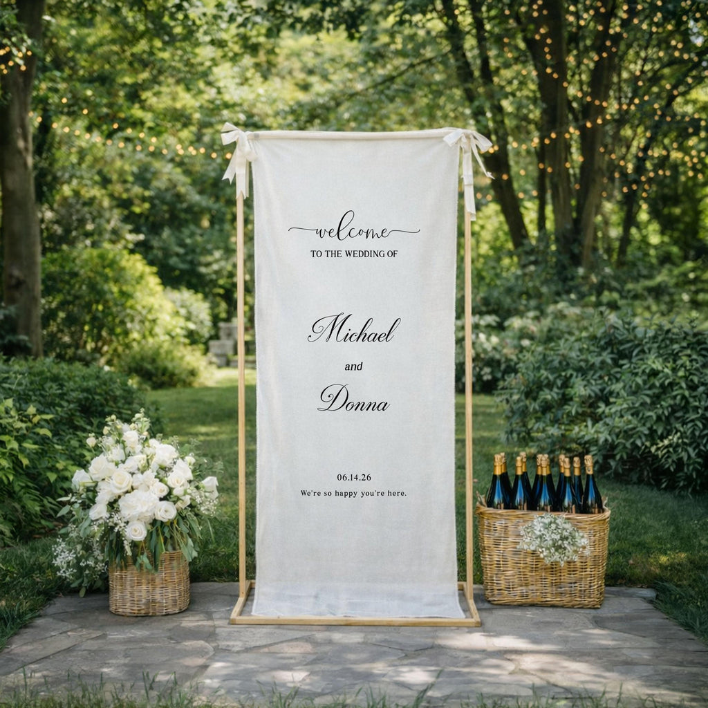 Personalized Wedding Welcome Banner, Linen Ceremony Backdrop, Custom Garden Wedding Sign Decor