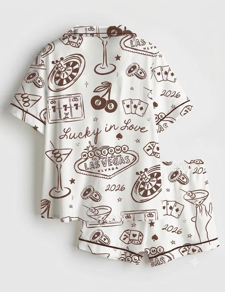 Lucky in Love Pajama Set – Vegas Inspired Casino Print – Couple Gift & Honeymoon Sleepwear
