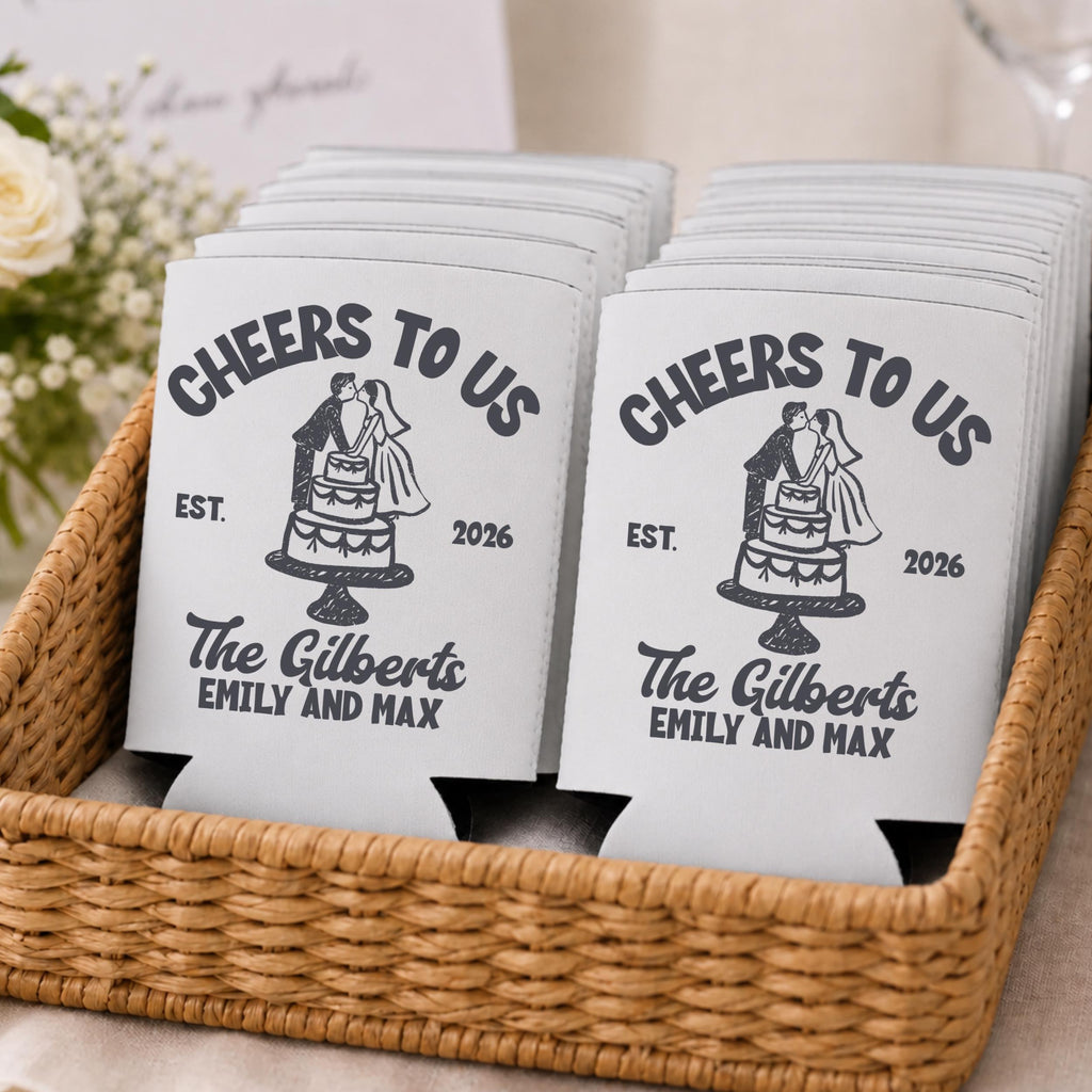 Wedding Cake Personalized Can Coolers, Custom Wedding Can Cooler, Custom Couple Name Date Drink Holder, Party Favors