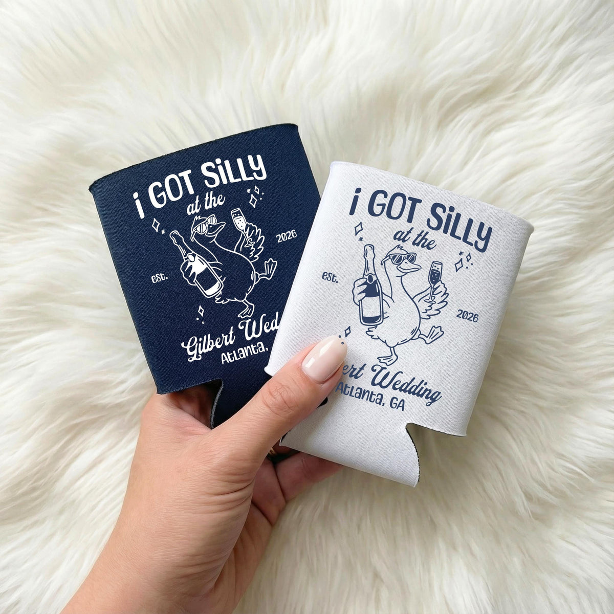 Custom Silly Goose Wedding Toss Can Cooler, Funny Wedding Party Favors, Personalized Wedding Cozies