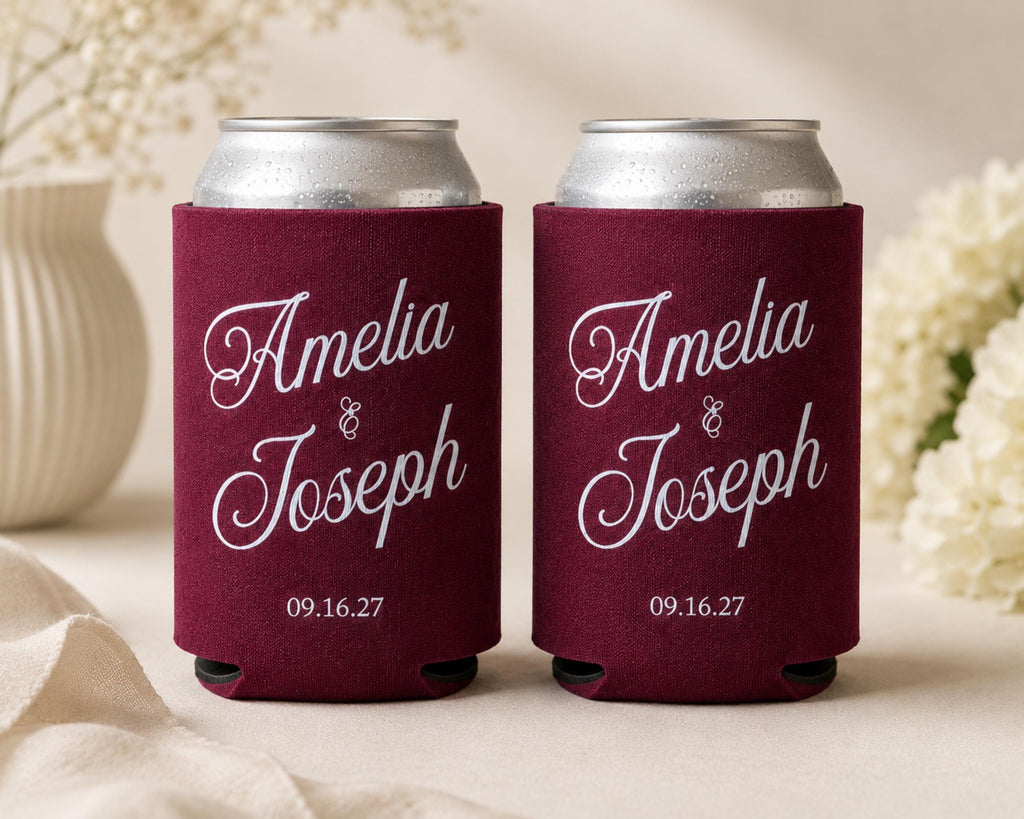 Personalized Wedding Can Cooler Custom Wedding Can Sleeve Wedding Favor Idea Old Money Wedding Burgundy Wedding Decor Reception Personalized