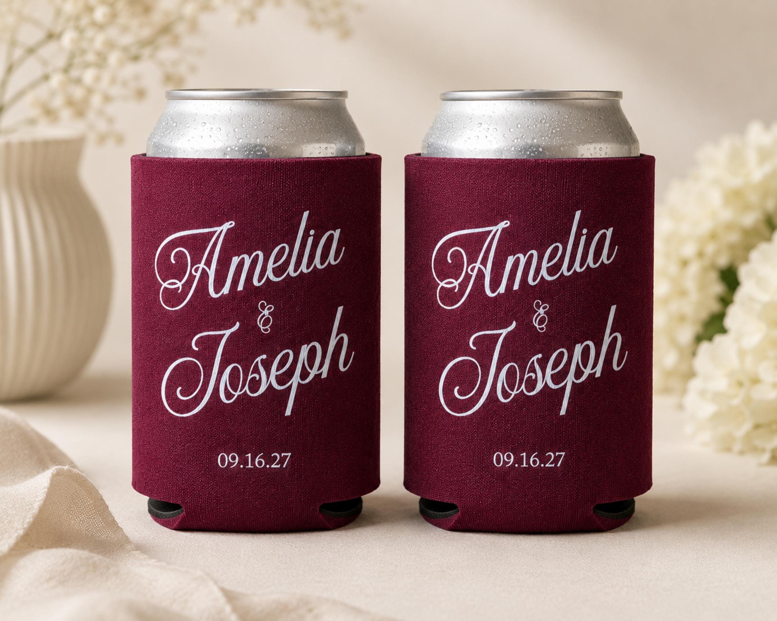 Personalized Wedding Can Cooler Custom Wedding Can Sleeve Wedding Favor Idea Old Money Wedding Burgundy Wedding Decor Reception Personalized