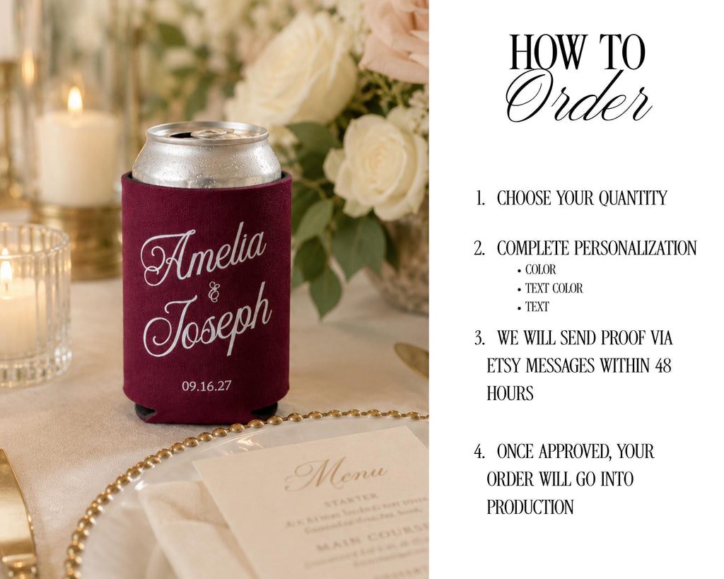 Personalized Wedding Can Cooler Custom Wedding Can Sleeve Wedding Favor Idea Old Money Wedding Burgundy Wedding Decor Reception Personalized
