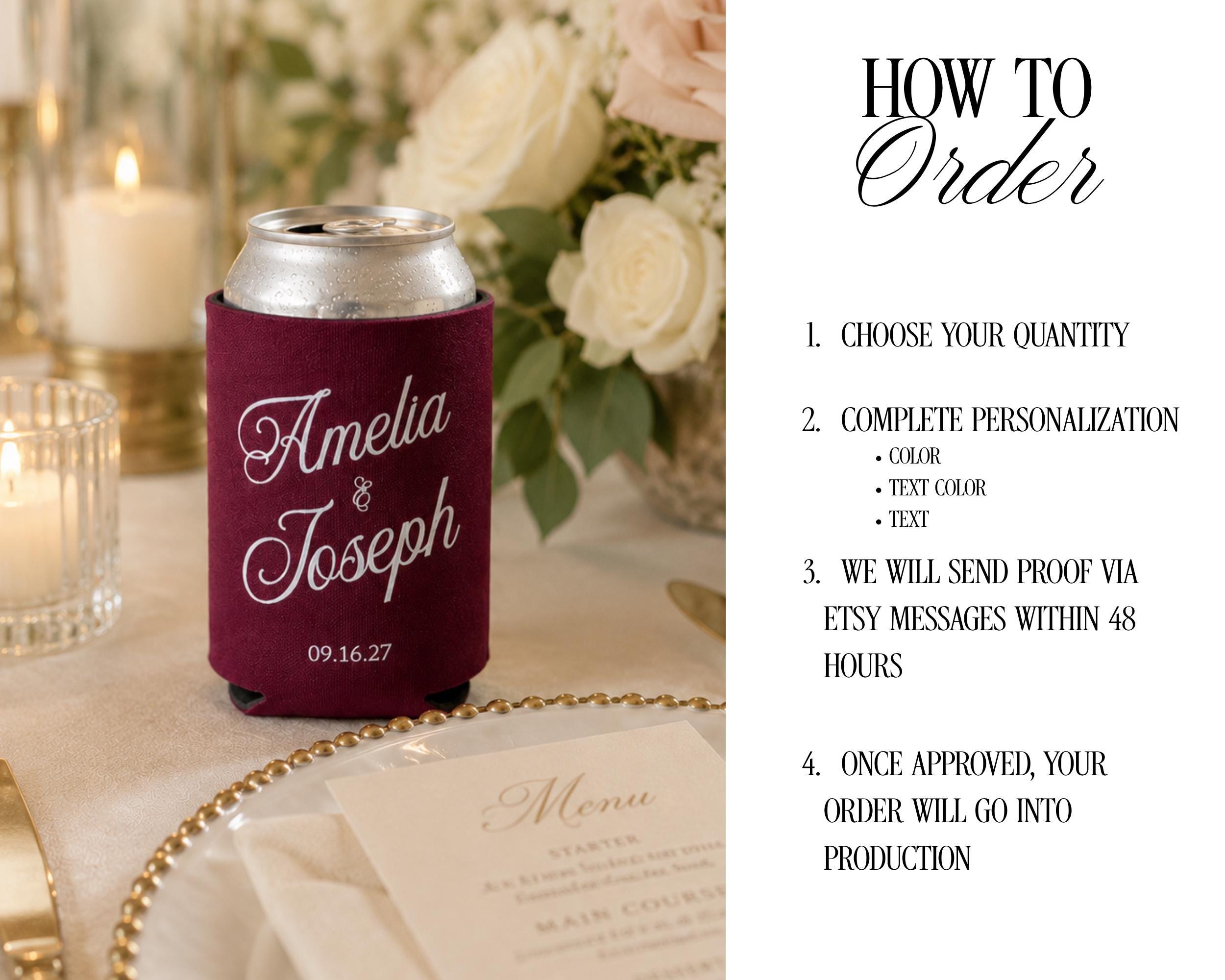 Personalized Wedding Can Cooler Custom Wedding Can Sleeve Wedding Favor Idea Old Money Wedding Burgundy Wedding Decor Reception Personalized