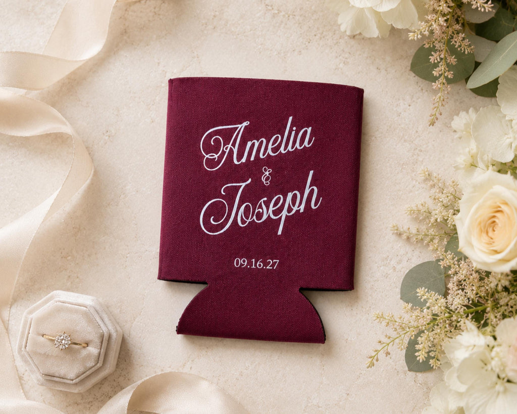 Personalized Wedding Can Cooler Custom Wedding Can Sleeve Wedding Favor Idea Old Money Wedding Burgundy Wedding Decor Reception Personalized