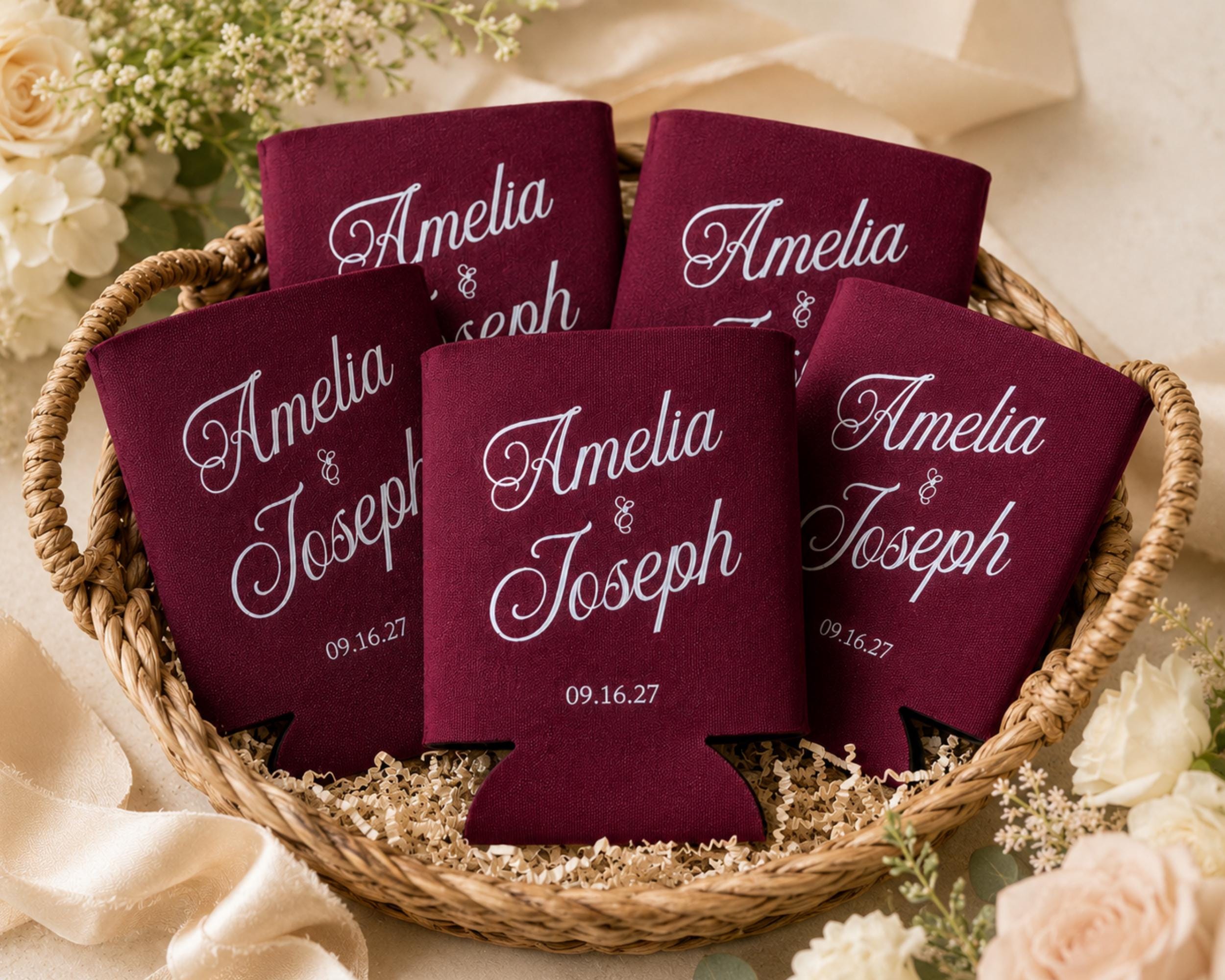 Personalized Wedding Can Cooler Custom Wedding Can Sleeve Wedding Favor Idea Old Money Wedding Burgundy Wedding Decor Reception Personalized