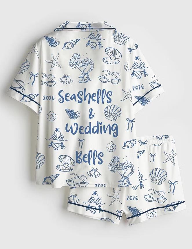 Bridal Pajamas – Seashells Wedding Bells Sleepwear – Beach Bachelorette Party - Honeymoon Bridal Gift