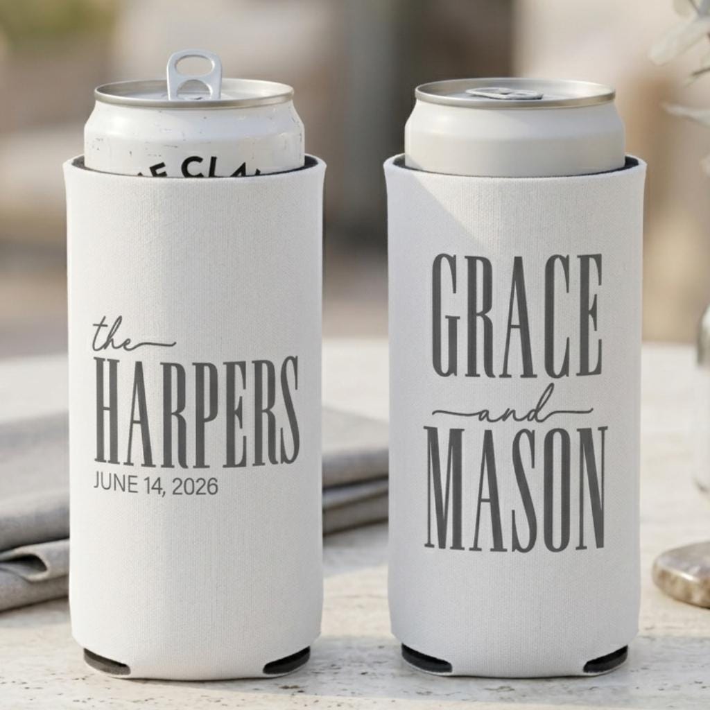 Personalized Slim Can Coolers Wedding Favors, Custom Seltzer Drink Holders for Wedding Guests and Reception Tables