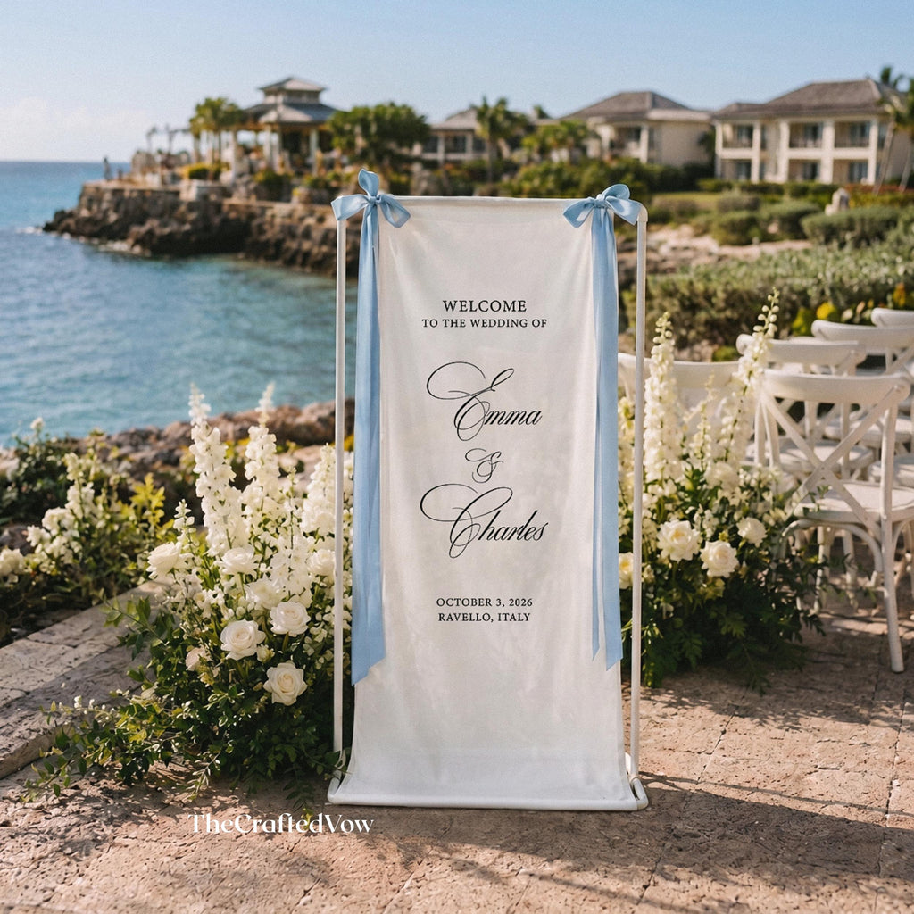 Personalized Linen Bridal Shower Welcome Sign, Tea Party Bride Decor Banner, Bride to Be Welcome Signage, Fabric Wedding Sign