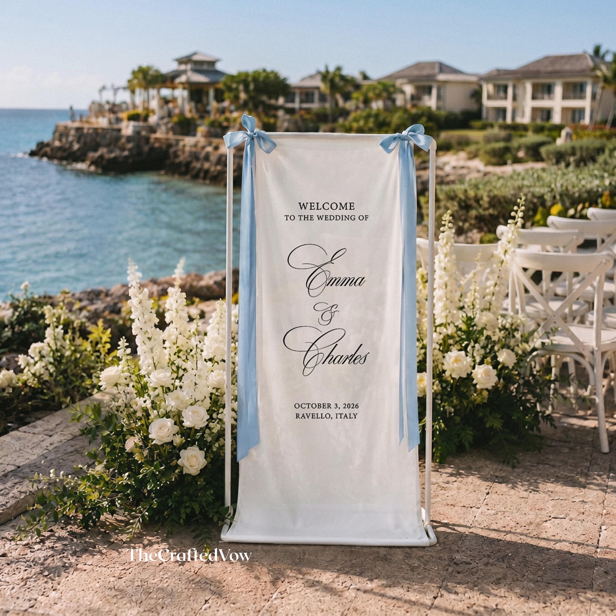 Personalized Linen Bridal Shower Welcome Sign, Tea Party Bride Decor Banner, Bride to Be Welcome Signage, Fabric Wedding Sign