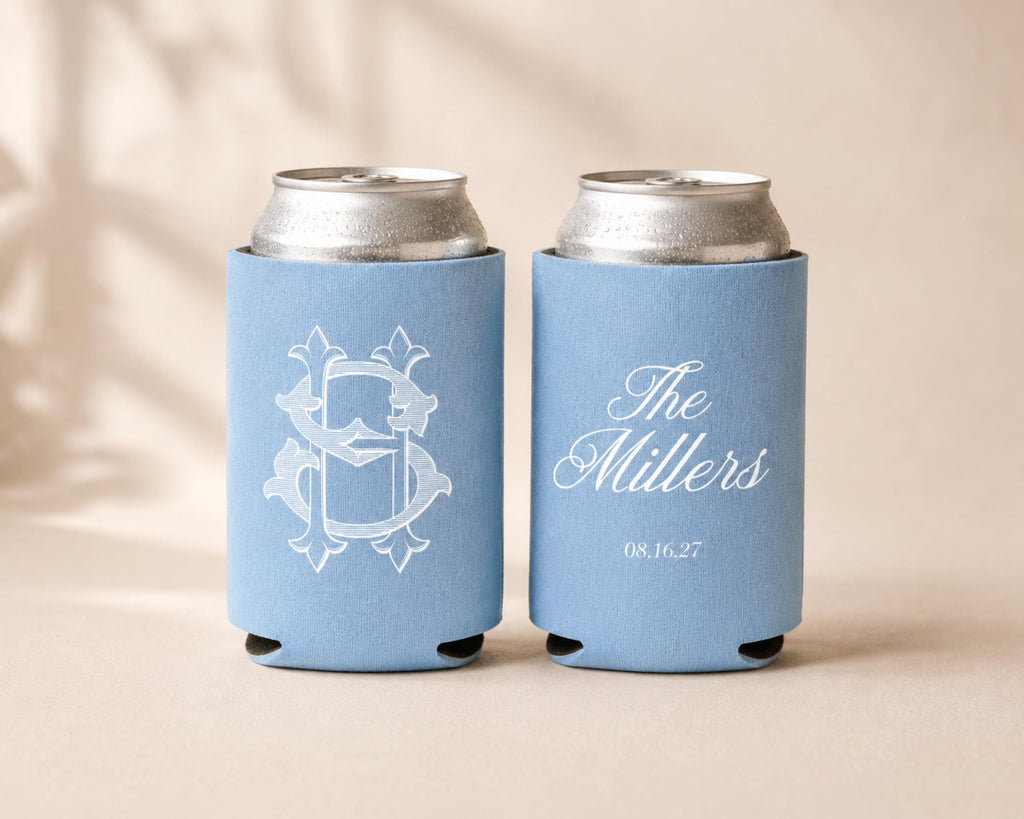 Custom Wedding Can Sleeve Personalized Wedding Can Cooler Blue Monogram Wedding Favor Green Wedding Favor Monogram Wedding Can Cooler Favor