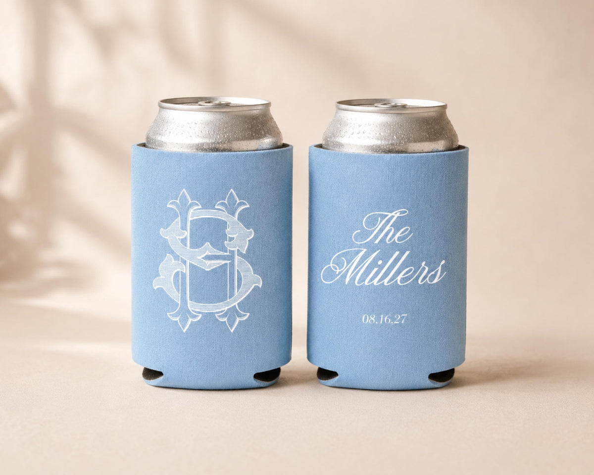 Custom Wedding Can Sleeve Personalized Wedding Can Cooler Blue Monogram Wedding Favor Green Wedding Favor Monogram Wedding Can Cooler Favor
