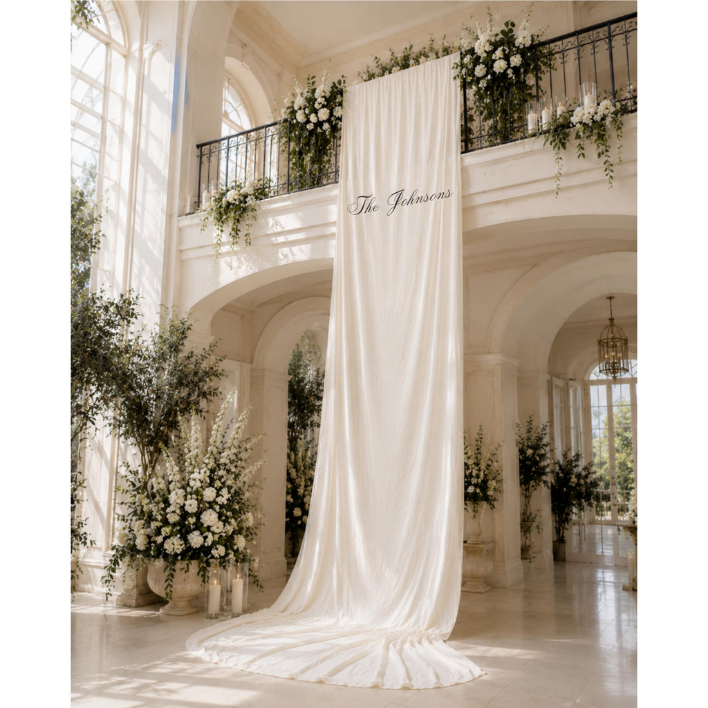 Custom Linen Wedding Backdrop, Elegant Draped Fabric Banner, Personalized Wedding Sign, Luxury Ceremony Decor, White Linen Backdrop