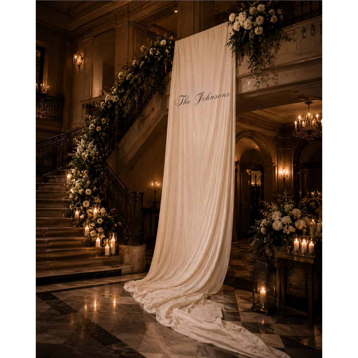 Custom Linen Wedding Backdrop, Elegant Draped Fabric Banner, Personalized Wedding Sign, Luxury Ceremony Decor, White Linen Backdrop