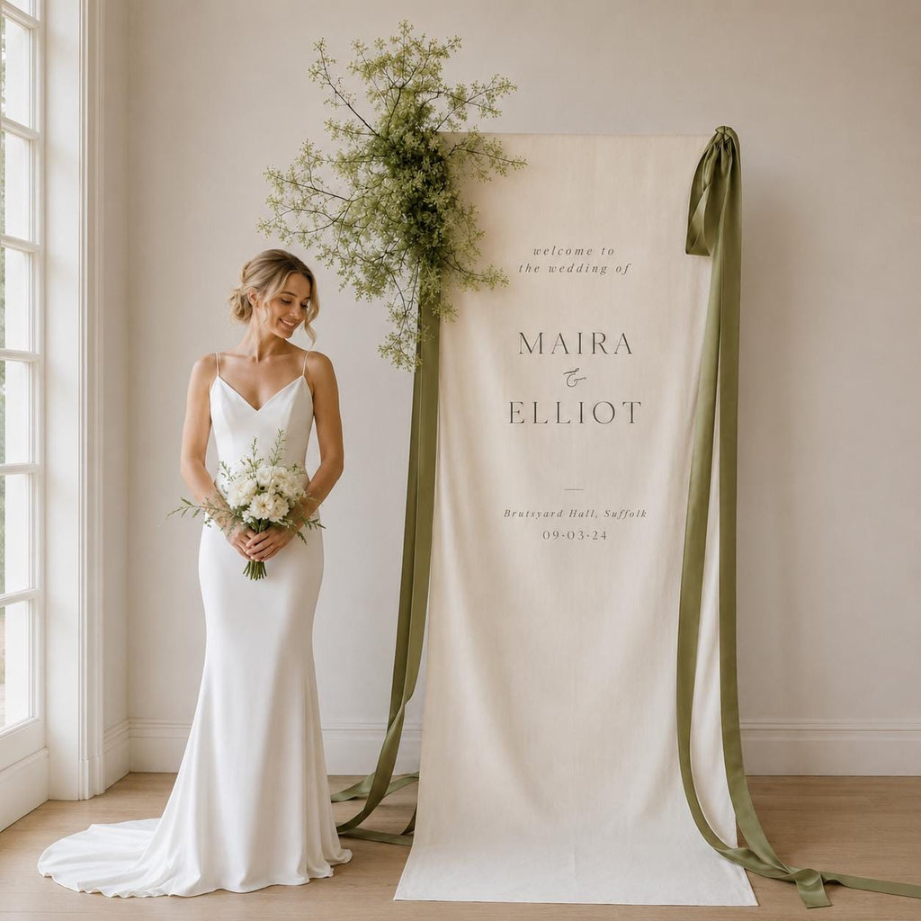 Custom Wedding Welcome Fabric Sign, Linen Look Wedding Backdrop, Personalized Ceremony Entrance Banner, Engagement Party Decor