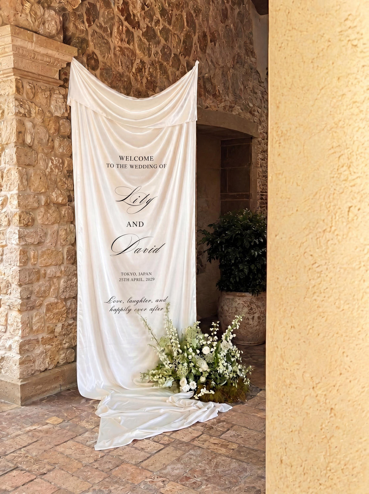 Custom Royal Silk Wedding Welcome Sign – Ivory Vintage Fabric Banner