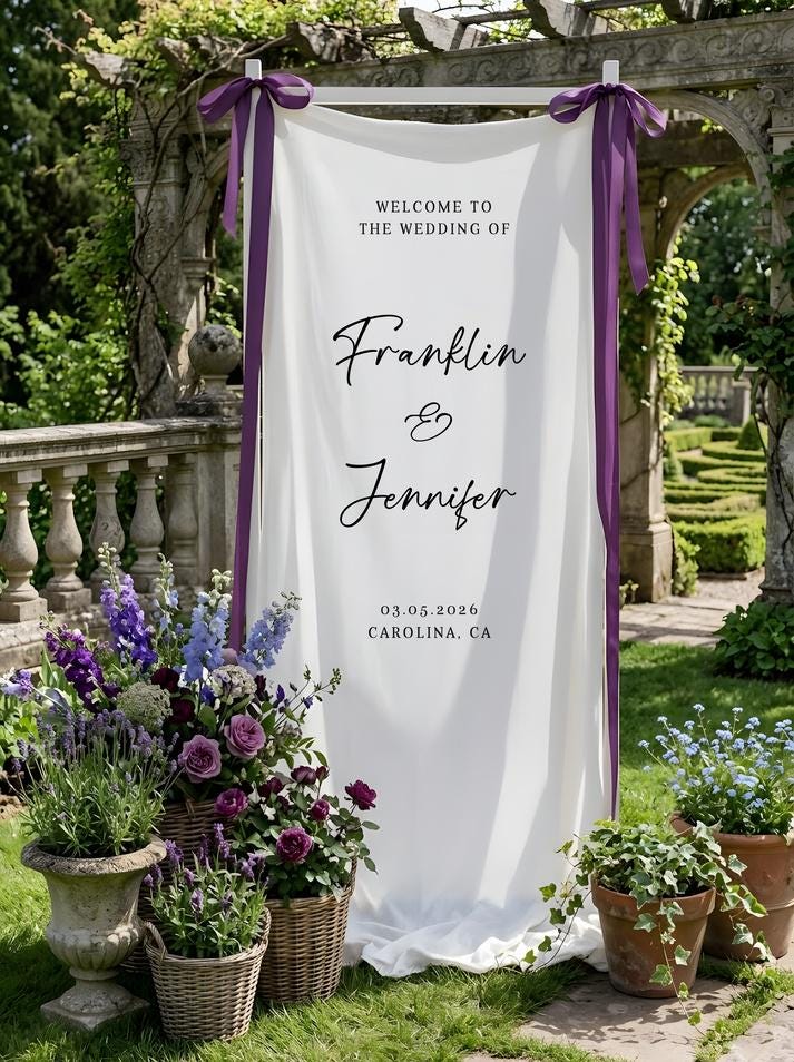 Floral Wedding Welcome Banner Personalized Linen Wedding Backdrop Custom Name Ceremony Decor
