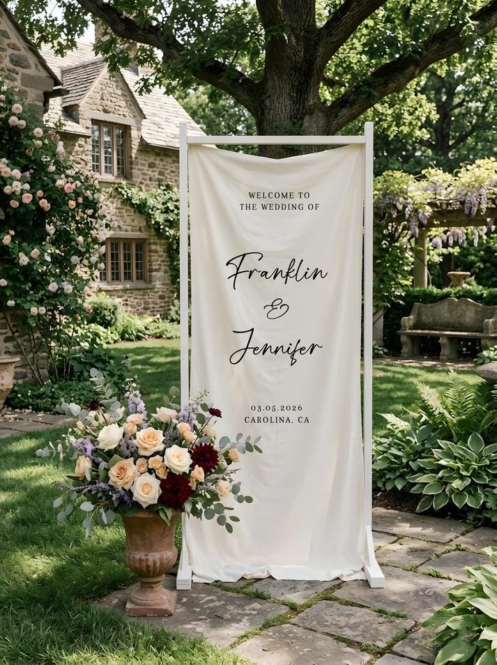 Floral Wedding Welcome Banner Personalized Linen Wedding Backdrop Custom Name Ceremony Decor