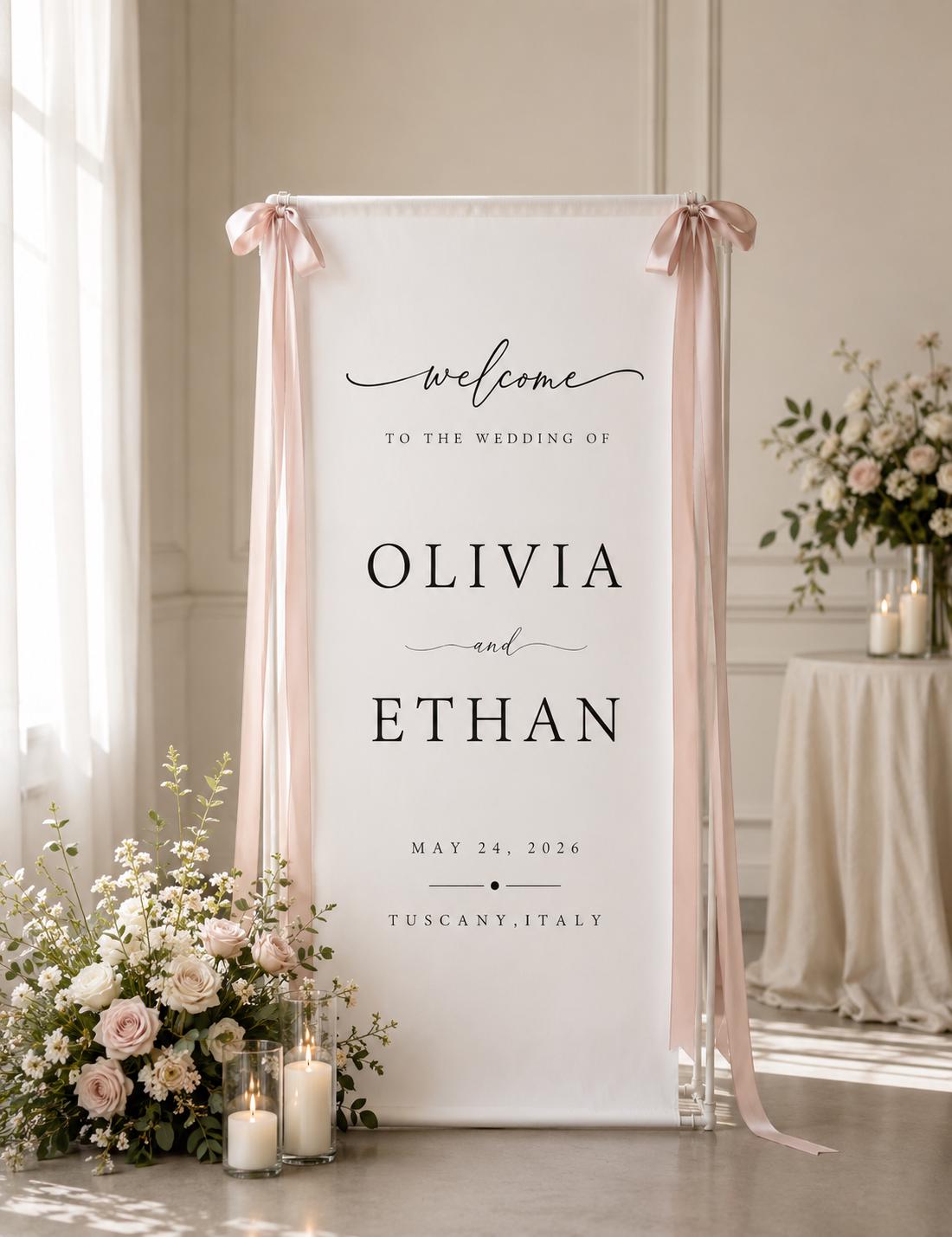 Custom Fabric Wedding Welcome Sign, Modern Linen Wedding Banner, Personalized Ceremony Sign for Wedding Decor, Engagement Party & Bridal